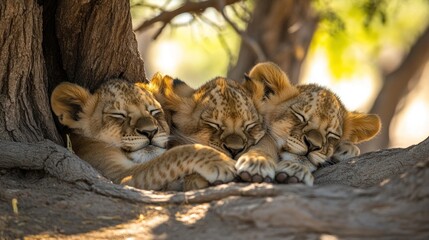 Wall Mural - Three lion cubs sleeping peacefully under a tree in a warm, natural setting.