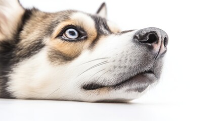 Canvas Print - Close-up of a dog's face with striking blue eyes, resting calmly.