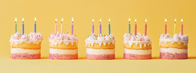 Identical birthday cakes lined up, vibrant decorations, flickering candles, festive atmosphere, celebration of joy and togetherness