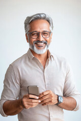 Sticker - senior indian man using smartphone on white background