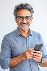 Sticker - senior indian man using smartphone on white background