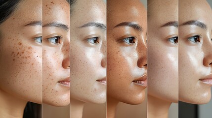 Time-lapse showcasing melasma pigmentation fading over several facial treatments, with progressive before-and-after comparisons, illustrating clear skin results