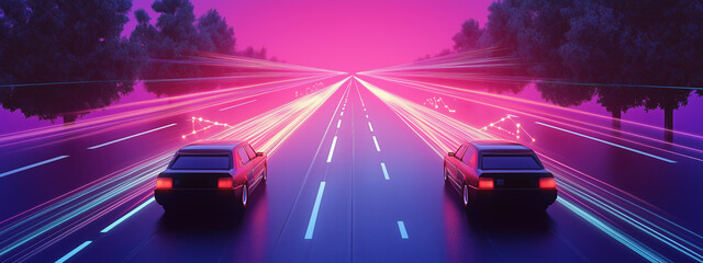 3D rendering of High-Quality Corporate Memphis Artwork Showcasing Cars on Two Roads Linking Their Radios with Vibrant Spectrum Laser Connections