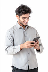 Sticker - young indian man using smartphone on white background