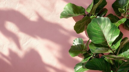 Sticker - A close-up of lush green leaves casting shadows on a soft pink wall.