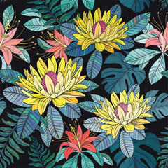 Wall Mural - Seamless pattern with Tropical flowers and leaves on black background.