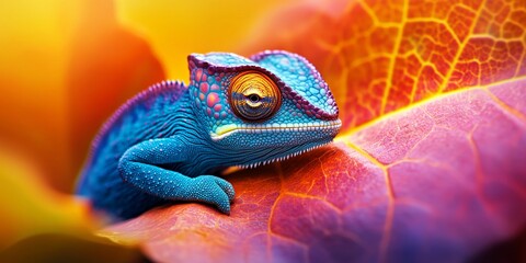 Wall Mural - striking image of a chameleon blending into a vivid background of colorful leaves