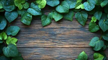 Sticker - Green Leaves on Rustic Wooden Background