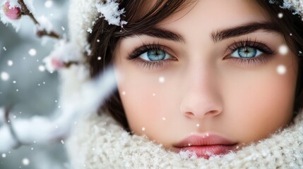  A close-up of a woman's face, her expression hidden by a scarf wrapped tightly around it Snowflakes dust the scarf, adding to its textured appearance