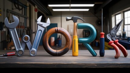 Various tools creatively arranged to form the word 'WORK'.