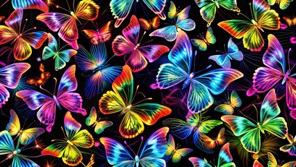 Wall Mural - Vibrant Groovy Neon Butterflies Pattern on Black Background for Fashion Photography