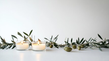 Two burning candles and olive branches on a white surface with a white background.