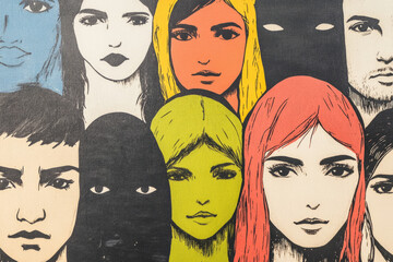 Wall Mural - A group of people with different colored hair and eyes