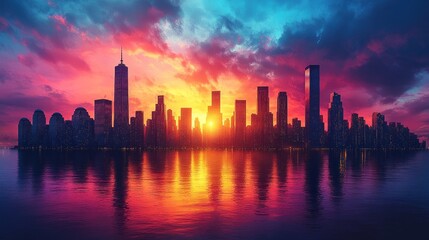 Vibrant city skyline at sunset reflecting on water.