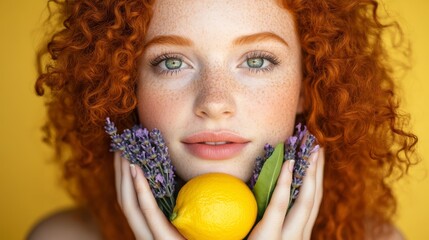  A woman with freckled red hair holds a lemon and lavender sprigs before her face