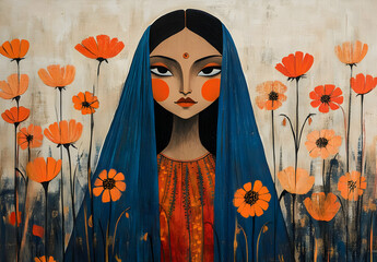 woman in blue with orange flowers.