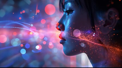 Aufkleber - A womans silhouette is contrasted against a surreal background lighting up with vibrant colors and swirling patterns, creating a captivating and enchanting ambiance.