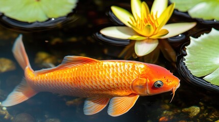 An orange fish swims gracefully near a yellow water lily in a serene pond, surrounded by green lily pads, creating a tranquil aquatic scene.