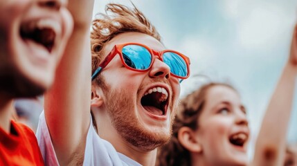 Joyful crowd cheering at an outdoor event, with a focus on a young man in red sunglasses, AI