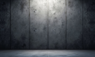 An empty room with a concrete wall and a light shining through it. The floor is visible at the bottom of the image. Wallpaper, background. Copy space, space for text. 