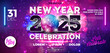 © articular - Happy New Year 2025 Party Celebration Banner Template Illustration with Shiny Disco Ball and 3d Typography Lettering on Firework Background. Vector New Year Eve Holiday Design. Premium Invitation