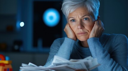 Pensive woman with short gray hair contemplates while reading documents at night, AI