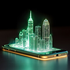 glowing modern city skylines floating on a cellphone screen against a dark background