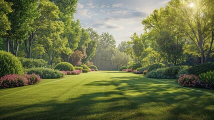 Wall Mural - A sunlit pathway cuts through a lush green forest with blooming flowers on either side.