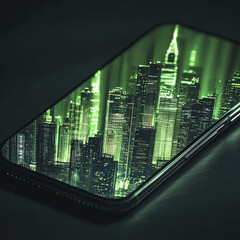 Wall Mural - glowing modern city skylines floating on a cellphone screen against a dark background