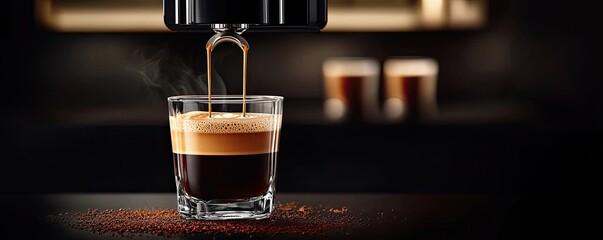 coffee machine is pouring espresso into a glass cup with beautiful foam on a dark background