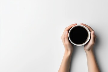 Wall Mural - Woman's hands holding a cup of coffee on a light background, top view. Flat lay with copy space for design