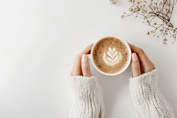 Wall Mural - Woman's hands holding a cup of coffee on a light background, top view. Flat lay with copy space for design