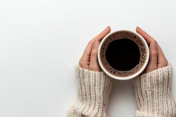 Wall Mural - Woman's hands holding a cup of coffee on a light background, top view. Flat lay with copy space for design