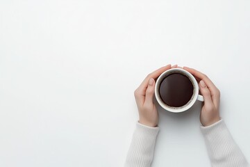 Wall Mural - Woman's hands holding a cup of coffee on a light background, top view. Flat lay with copy space for design