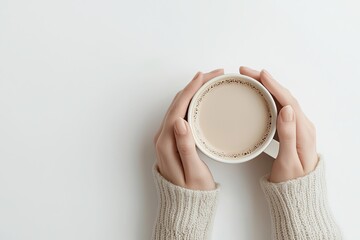 Wall Mural - Woman's hands holding a cup of coffee on a light background, top view. Flat lay with copy space for design