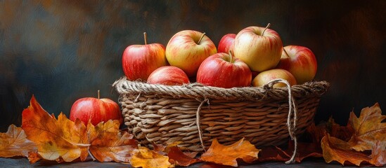 Wall Mural - Basket of fresh red apples on a rustic background with fall leaves.