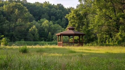 Wall Mural - A wooden gazebo stands in a grassy meadow, surrounded by a dense forest with lush green foliage.