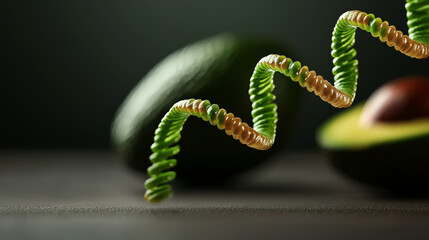 A close-up image of avocados with a spiraled, green structure, suggesting a blend of nature and science, highlighting nutrition and health.