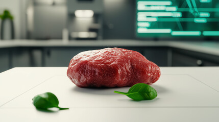 A fresh piece of raw meat sits on a white surface, accompanied by two green leaves, in a modern kitchen setting.