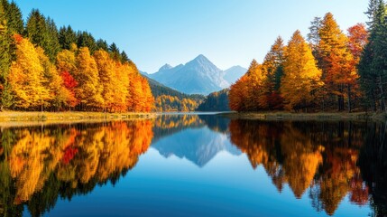 A serene landscape featuring vibrant autumn foliage reflected in a calm lake, with majestic mountains in the background under a clear blue sky.