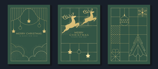 Wall Mural - Luxury christmas invitation card art deco design vector. Christmas tree, reindeer, bauble ball, snowflake line art on green background. Design illustration for cover, poster, wallpaper.