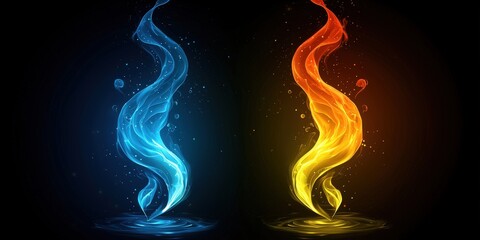 Wall Mural - Abstract Blue and Orange Flames on Black Background   Fire and Water Design