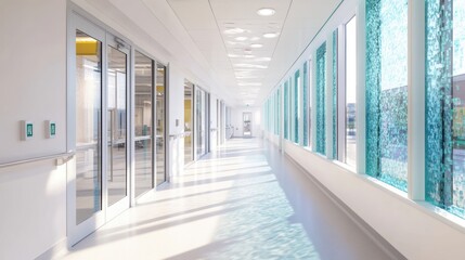 Wall Mural - A bright hospital corridor features large windows allowing natural light to flood the space, promoting a welcoming atmosphere