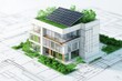 © Philipp - Model of a sustainable green home, featuring solar panels and green roofs, set on top of architectural blueprints. The design highlights eco-friendly living, renewable energy, and modern architecture.