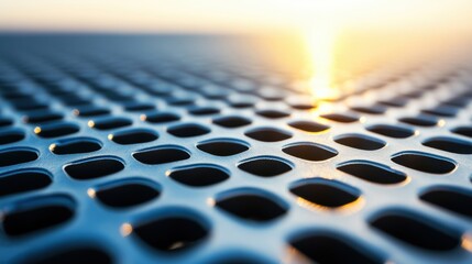 Sticker - A close-up view showcases a metallic grid with reflective surfaces, capturing the interplay of light during sunset