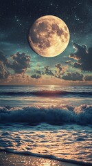 Moonlit night sky casting silver light on gentle ocean waves