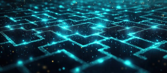 Wall Mural - abstract futuristic blue glowing grid pattern with scattered particles.