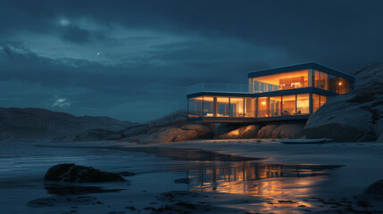 A modern house sits on a cliff, overlooking the ocean at night