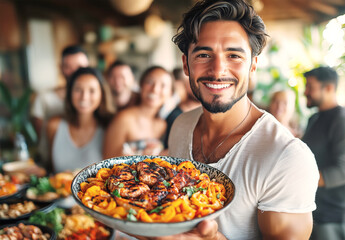 one stand up man holding a dish of freshly cooked grilled fish meal surrounded by friends on a living room at home, smiling, eating and sharing