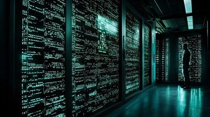 Wall Mural - A digital safe bursting with encrypted files, while a hacker stands outside confused by the multiple layers of glowing digital locks.